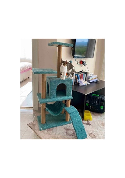 Pet B-07 Hamaklı Yuvalı Lüx Kedi Tırmalama Oyun Evi Turkuaz