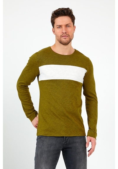 MMetalic Haki Unisex Regular Fit Bisiklet Yaka Uzun Kollu Şeritli Sweat Haki