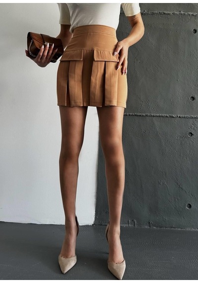 Eke Tekstil Kadın Camel Kargo Cep Detaylı Pileli Mini Etek-camel Camel