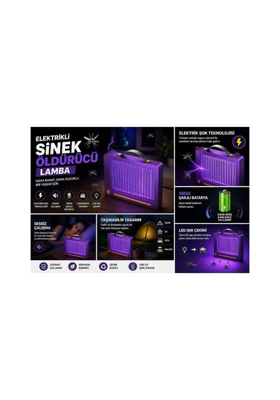 Elektrikli Sinek Öldürücü Lamba Şarjlı, Sessiz, Led Işıklı Etkili Koruma Evimdeyokyok