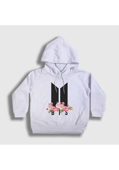 Presmono Unisex Çocuk Flowers Bts Kapüşonlu Sweatshirt Beyaz