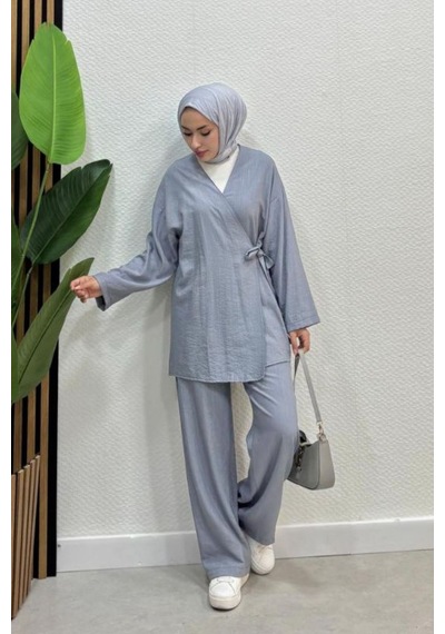 Zerogaprıse Kadın Çapraz Bağlamalı Keten Kimono Tesettür Pantolon Takım Gri
