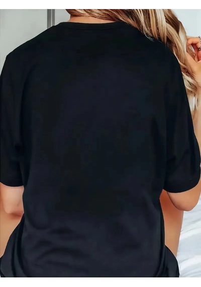 Genel Marka 20/1 Penye Compack Baskılı Oversize Bisiklet Yaka Kısa Kol T-shirt - Siyah - Renkli