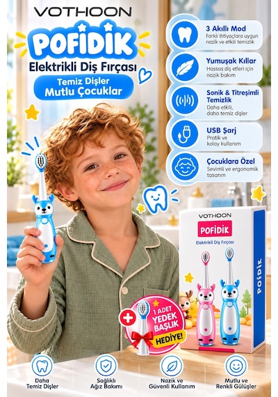 Pofidik Çocuklar İçin Şarjlı Elektrikli Diş Fırçası 3 Modlu Titreşimli Şarjlı Yedek Başlık Hediyeli