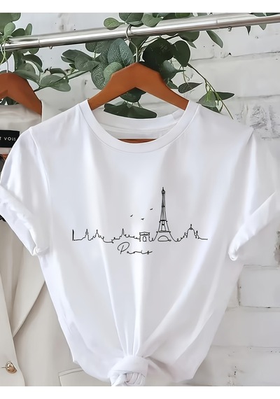 Uyguntarz Unisex Eyfel Kulesi Baskılı Tasarım Tshirt Beyaz