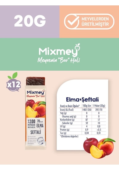 Mixmey Şeftali Meyve Barı 12 Adet | Atıştırmalıklar – Vegan, Glutensiz, Koruyucusuz 20gr X 12 Adet