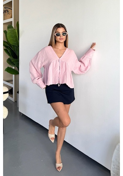 Jee Lee Kadın V Yaka Bağlama Detaylı %100 Pamuklu Bluz Pembe - 26y 1003 Pembe
