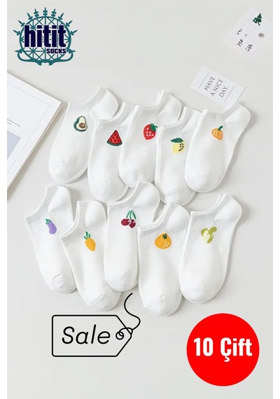 Hitit Socks Kadın 10 Çift Premium Kalite Pamuklu Meyve Desenli Babet Çorap Beyaz