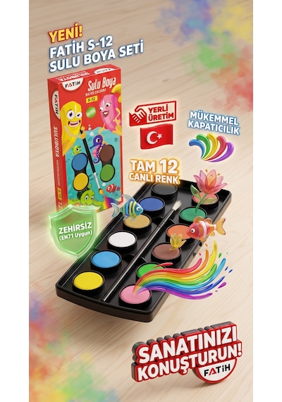Fatih Sulu Boya S-12 12 Renk Tablet 2'li Avantaj Paket Yıkanabilir Okul Boyası Seti Çok Renkli