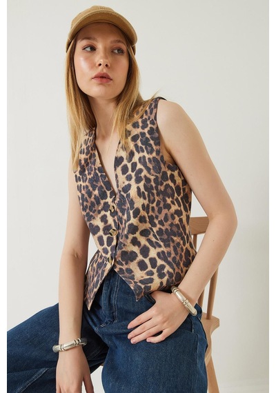 Shade Kadın Leopar Desenli V Yaka Dokuma Yelek 60261304 - Siyah-bej Çok Renkli