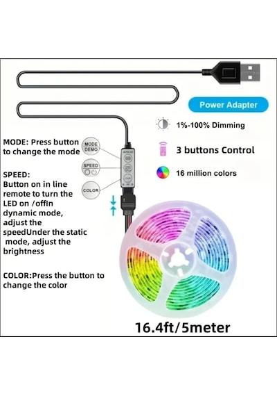 Mighty 5 Metre Usb Kumandalı Rgb Telefon Kontrollü Mutfak Dolabı Tv Arkası Animasyonlu Şerit Led Parti