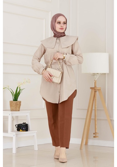 Sevitli Beli Bağcık Detaylı Geniş Yaka Tunik-vizon-4987 Vizon