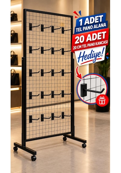 Tekerlekli Sık Telli Tel Raf - Tel Pano Stand, Duvar Askılığı-20 Adet 20 Cm Tel Pano Kanca Hediyeli 60 x 190 CM