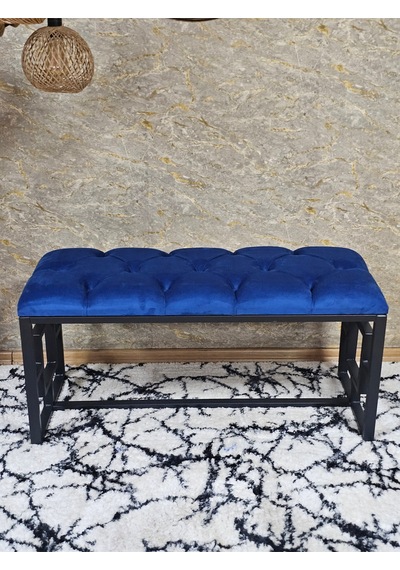 Zafir Siyah Boyalı İçi Kareli Diktörtgen 100 Cm X 40 Cm Oturak Puf - Bench - Makyaj Oturağı - Oturak Mavi