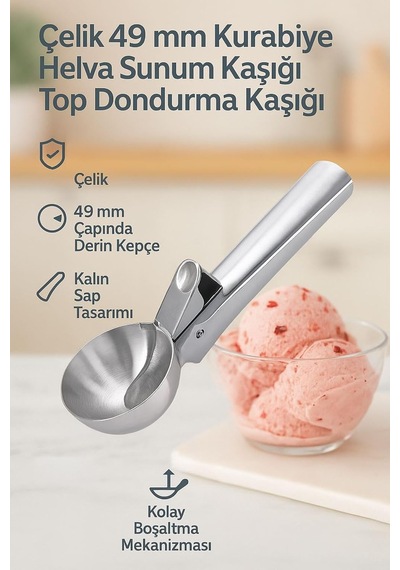 Çelik 49 Mm. Kurabiye Helva Sunum Kaşığı Top Dondurma Kaşığı Cin509 Çok Renkli