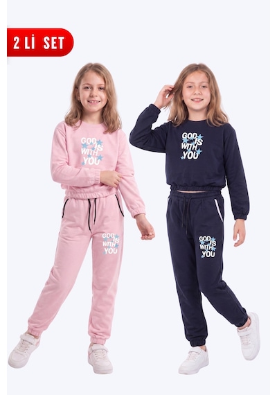 Fyk Kids 2'li Kız Çocuk Bisiklet Yaka Kısa Kesim Baskılı Çift Cepli 4 Parça Eşofman Takımı Pembe-Lacivert