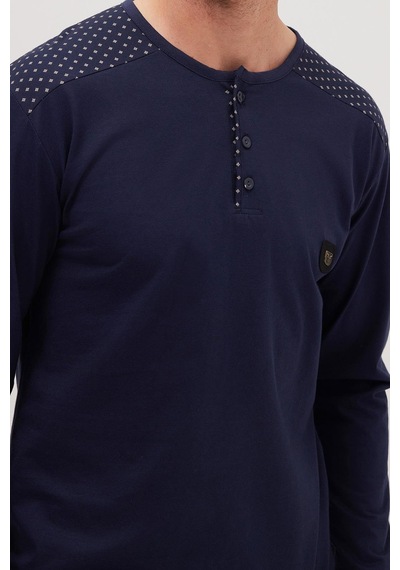 Tudors Erkek Standart Fit Normal Kesim %100 Pamuk Bisiklet Yaka Beli Lastikli Lacivert Pijama Takımı-37946 Lacivert