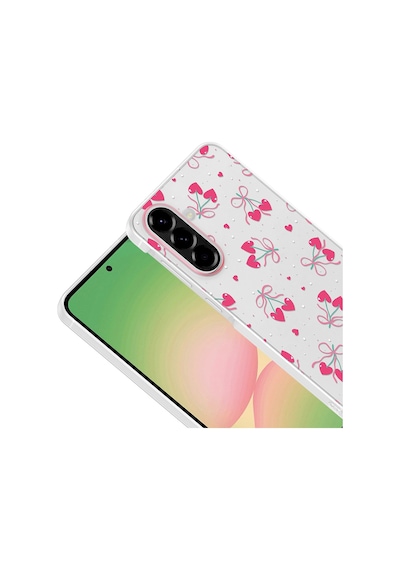 Samsung Galaxy Uyumlu, A36 Kılıf Kamera Korumalı Desenli Zore Klip Kapak - Kalpli Kiraz -