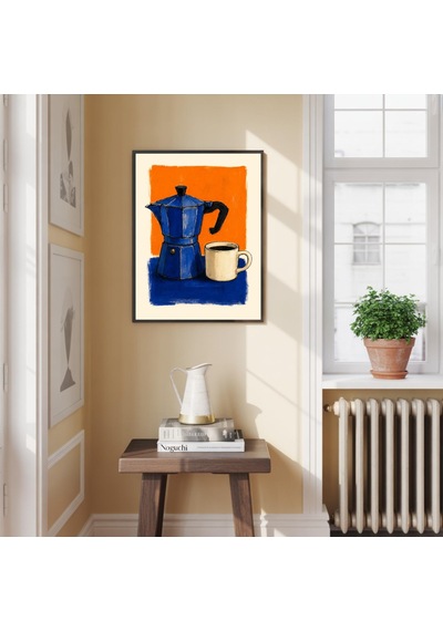Moka Pot Kahve Sanat Baskıları Mavi Ve Turuncu İtalyan Espresso Seti 2 Adet
