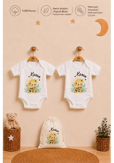 Pia Baby İsme Özel Erkek Bebek Hediye Seti 2'li %100 Pamuk Organik Baskılı Çıtçıtlı Body Zıbın Ve Ham Bez Bebek Kıyafet Kesesi 2064b2k6x Krem