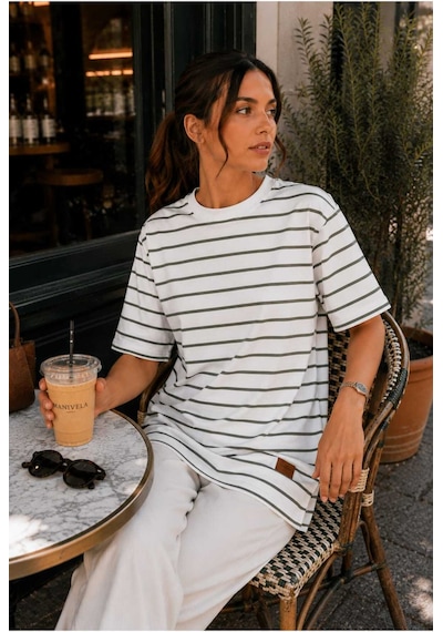 Tenra Kadın Beyaz Çizgili Oversize Kısa Kol Basic Tunik Tişört Yeşil