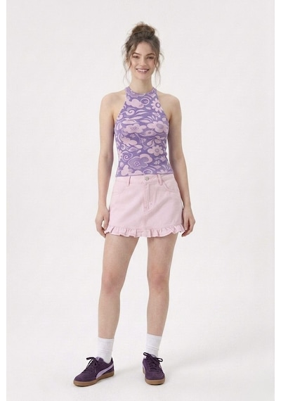 Neden Tekstil Kadın Fitilli Baskılı Halter Yaka Crop Bluz - Açık Pembe-mor
