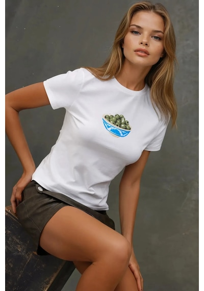 Hiccup Kadın Bisiklet Yaka Kısa Kollu Önü Baskılı Pamuklu T-shirt Tozlu Beyaz