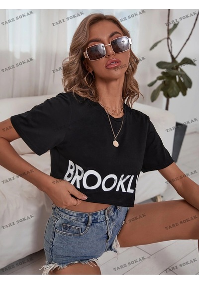 Startmore Crop Ckod-232913 Harf Grafikli Kırpma Siyah