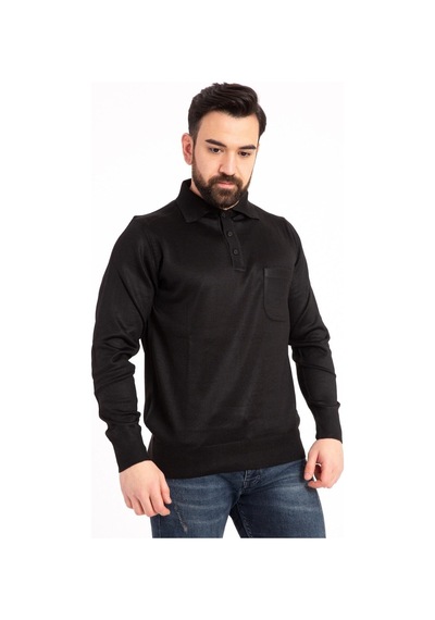 Nacar Store Erkek Siyah İnce Yün Triko Örgü Polo Yaka Baba Kazak