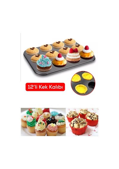 12'li Yapışmaz Muffin Cupcake Kek Kalıbı Karbon Çelik Siyah Diğer