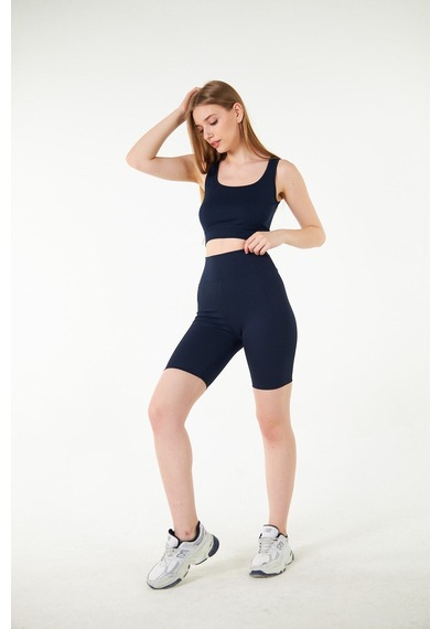 Thiff Gymwear Antrasit Yüksek Bel Toparlayıcı Kısa Şort Spor Fitilli Biker Tayt Lacivert