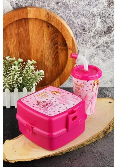 İki Katlı Beslenme Kutusu+kapaklı Pipetli Bardak 400 Ml.