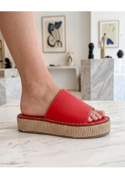 Futsishoes Ocean Kırmızı Hakiki Deri Hasır Tabanlı Platform Kadın Terlik