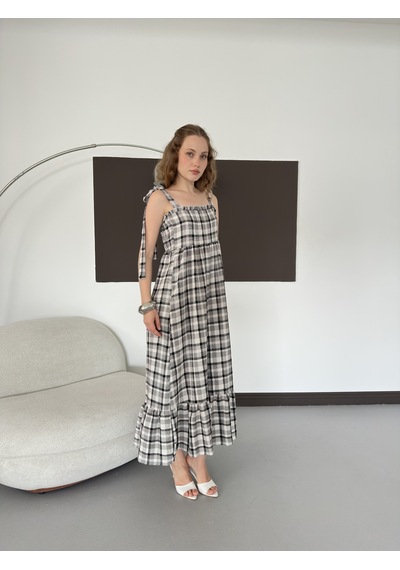 Verymoda Kadın Ekose Desenli Askı Bağlama Detaylı Maxi Elbise Siyah