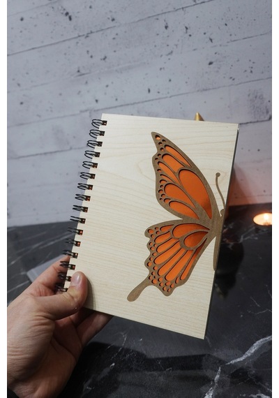 Kelebek Desenli Ahşap Kapaklı Defter - Ajanda - Günlük - Çizgisiz Defter - A5 Notebook Anı Defteri