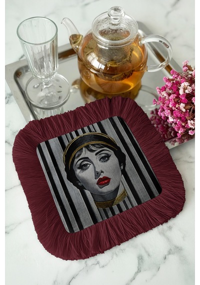 Lüks Portreli Saçaklı Sunum Peçetesi - Sanatsal Glam Retro Bordo Altın Renkli Bardak Altlığı Mendil Çok Renkli