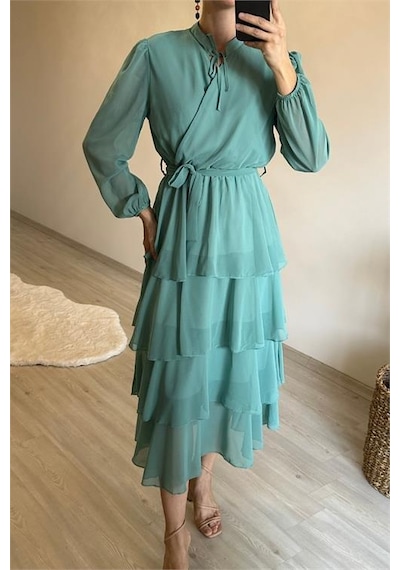 Neşeli Butik Kadın Kat Kat Volanlı Kuşaklı Midi Şifon Elbise Nm004 Mint