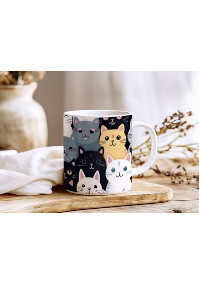 Modern Tarz Kedi Koleksiyonu Kupa Renkli Ve Eğlenceli Tasarım Bardak - Kedi Severlere Hediye Beyaz