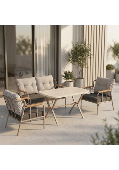 Paris 2+1+1+ 70x120 Traverten Masa Metal Balkon Takımı Keten Dokulu Kumaş Cappuccino Metal - Bahçe Teras Oturma Grubu Gri - Antrasit