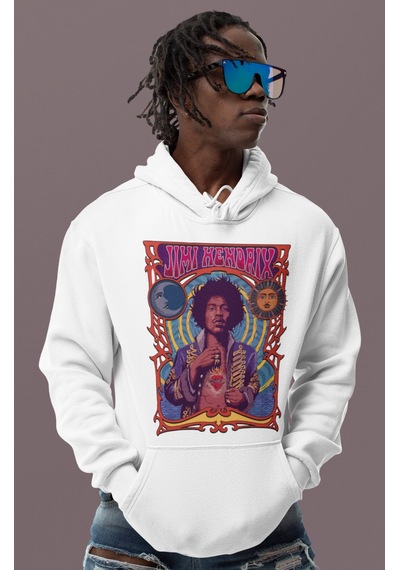 Sevbano Jimi Hendrix Baskılı Unisex Oversize Şarkıcı Hoodie beyaz