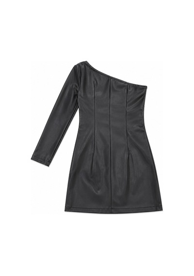 LTB Skinny Fit Deri Görünümlü Mini Siyah Elbise