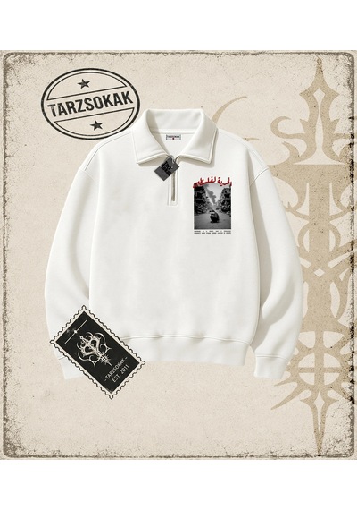 Tarzsokak Gotik & Grunge Streetwear Palestıne 2 Yarım Fermuarlı Sweatshirt Beyaz