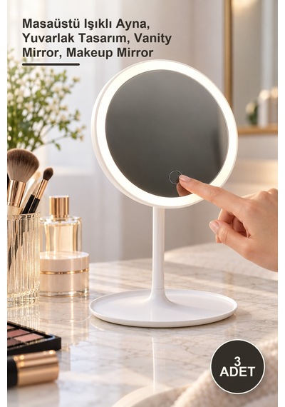 3 Adet Yuvarlak Ledli Makyaj Aynası Masaüstü Işıklı Ayna, Yuvarlak Tasarım, Vanity Mirror, Makeup Mirror Sarı