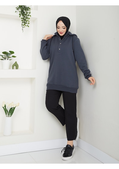 Raika Moda Kapşonlu 3 İplik Büyük Beden Tesettür Sweatshirt Antrasit