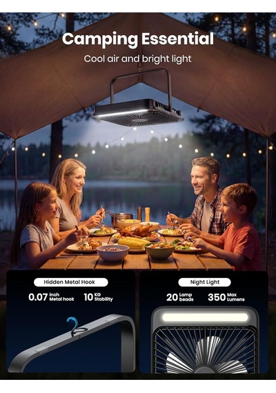 Warmco 20000mah 8 İnç Taşınabilir Kamp Fanı, 48 Saat Maksimum Çalışma Süresi, Led Işık, Sessiz İnce Pille Ça