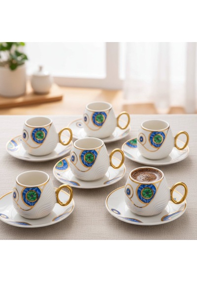 Evil Eye Nazar Boncuğu Figürlü 6 Kişilik Porselen Kahve Fincan Takımı Mavi - Beyaz