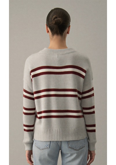 Laluvia Bordo Renkli Çizgili Oversize Triko Kazak - 2516 Bordo