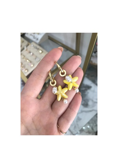 Deniz Yıldızı Ve İncili Küpe Sarı