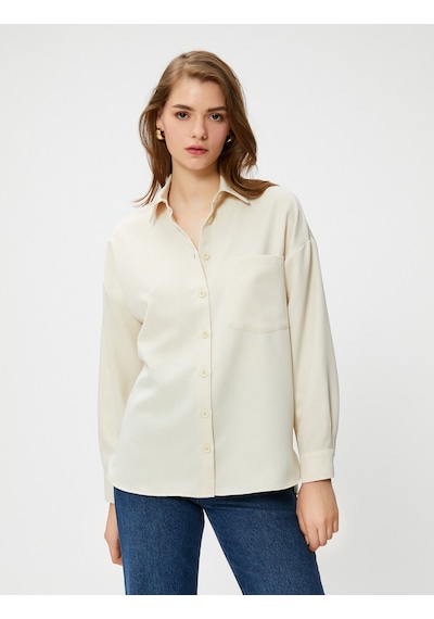 Koton Oversize Gömlek Cep Detaylı Uzun Kollu Bej 4wak60003pw 4WAK60003PW050 Ekru