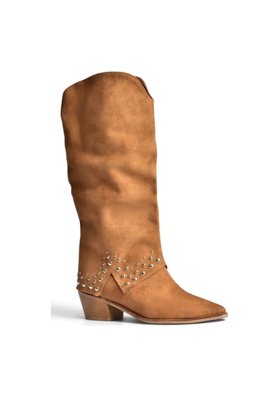 Fox Shoes Z726106802 Taba Süet Kalın Topuklu Pim Detaylı Kadın Çizme